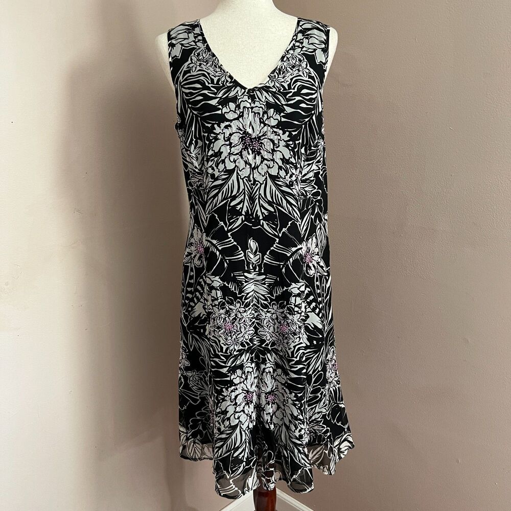 Silk Beaded Fairy Dress Karen Kane Black White Floral Sleeveless Whimsygoth Sz 4